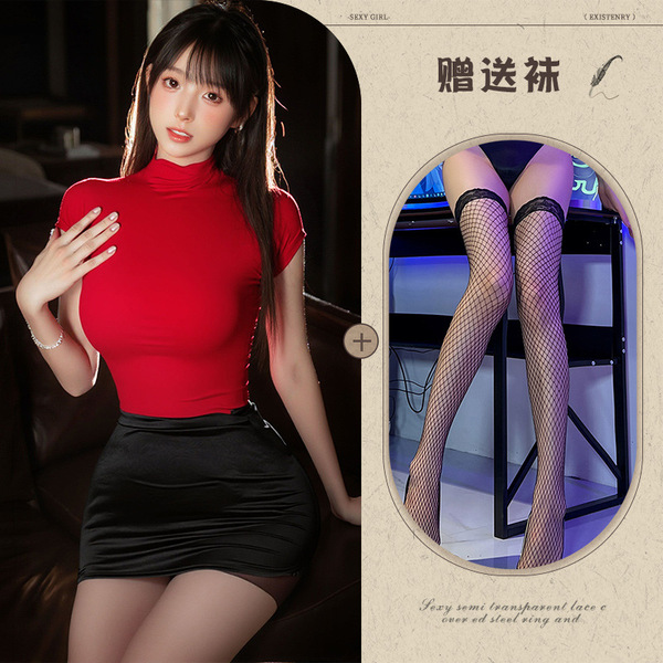 Mannyqing Secretarial Lingerie Set – Playful Two-Way Pure & Sexy Uniform Outfit for Women - Image color + black fishnet stockings