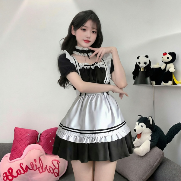 Yimenglan Maid Costume Dress - Japanese Kawaii Cosplay Lolita Outfit for Women, Plus Size Summer Sleepwear - Suit + Black Fishnet Stockings