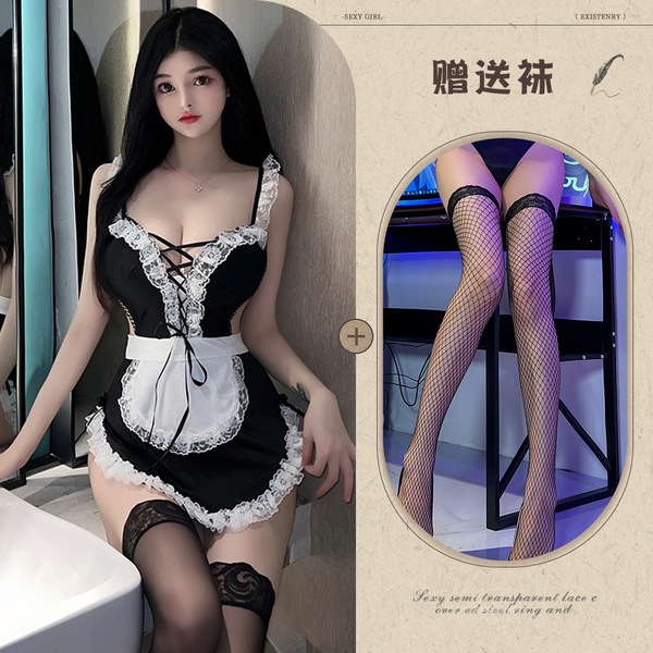 Night-Su Seductive Lace Maid Costume - Role Play Erotic Sleep Dress with Ties & Sheer Mesh - Picture set + black fishnet stockings
