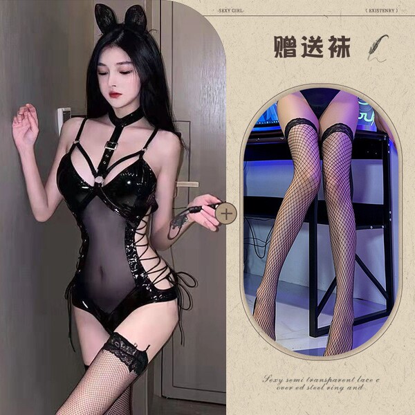 Sexy Queen Costume Set - PVC Bondage Lingerie Outfit with Transparent & Cute Playful Design - Image set + black fishnet stockings + short leather whip