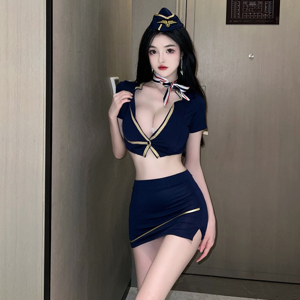 Sexy Airline Stewardess Costume Set - Seductive Skirt & Top Outfit for Nightclub, Cosplay & Party Wear - Picture set + black fishnet stockings