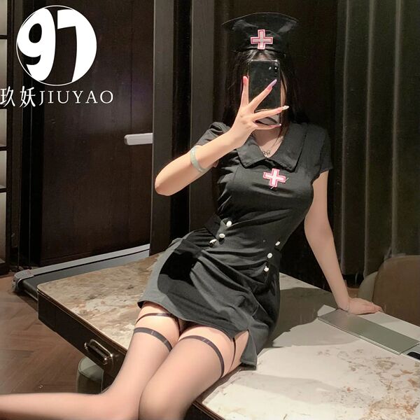 Sexy Nurse Costume Outfit - Smooth Solid-Color Slit Dress Uniform for Role Play & Cosplay - Black nurse [outfit + headband + thong]