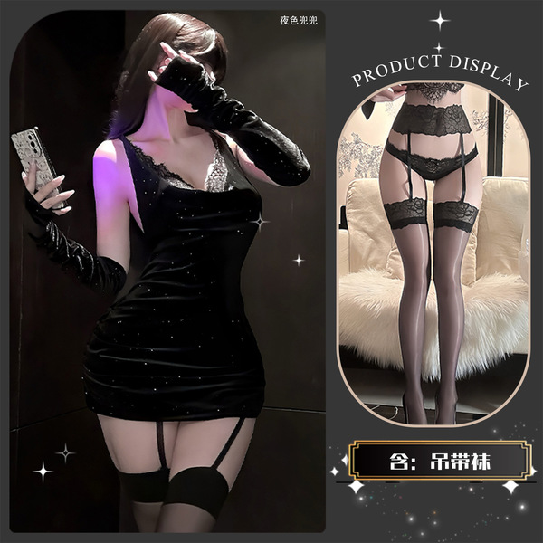 Chao Mu Sexy Lace Bodysuit with Sparkling Rhinestones - New Year Backless Tie-Up Mini Dress Set for Women - Black and Scarlet Night Banquet ~ + Black-Trimmed Garter Stockings