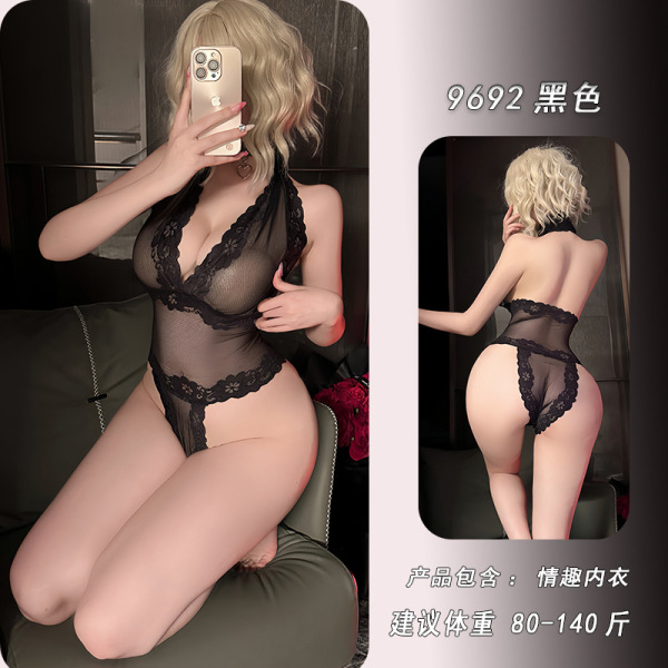 Feiniao Moonbird Sheer Lace Bodysuit - Seductive Mesh Bodycon Erotic Lingerie Set 9692 - black jumpsuit
