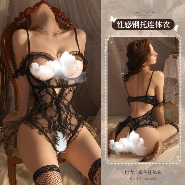 Mannyan Sensual Lace Bodysuit for Women - Sheer Open-Crotch Sleepwear with Underwire Support & Adjustable Straps - 6921183360696 Black [Single Bodysuit]