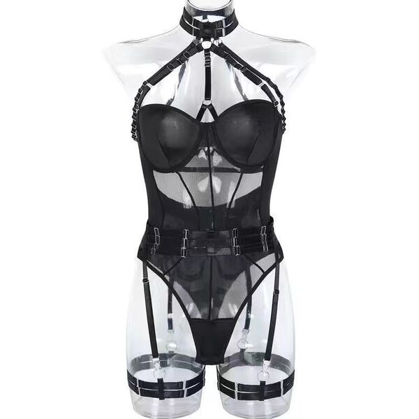 Women's Seductive Lace Role Play Lingerie Set - Revealing Busty Costume Outfit for Adults - black jumpsuit