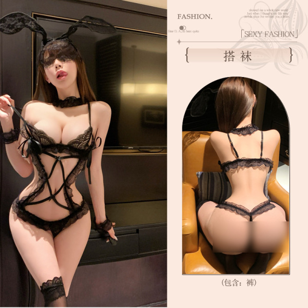Pure & Playful Lingerie Set – Seductive Sensual Outfit for Intimate Moments, No-Undress Design - Black bodysuit + black open-crotch stockings + headpiece