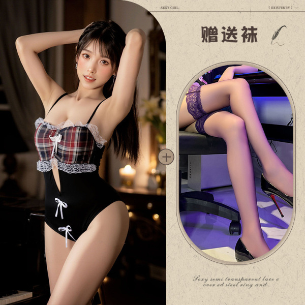 Sailor Uniform Lingerie Set - Seductive Schoolgirl & Maid Style Lace Bra & Ultra-Short Skirt Outfit - Black plaid bodysuit + black stockings