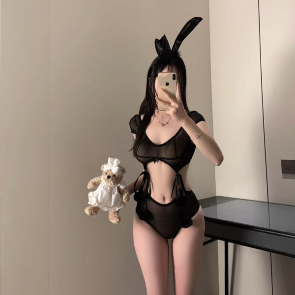Pure & Playful Bunny Girl Costume Set - Sexy Cute Lingerie Jumpsuit Outfit for Cosplay & Role Play - Black (bodysuit + headband)