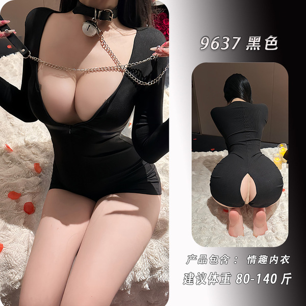 Nightse Nightse Sexy Lingerie T-Shirt - Semi-Open Collar Zip-Up Long Sleeve Bodysuit, Slim-Fit American Style - black jumpsuit