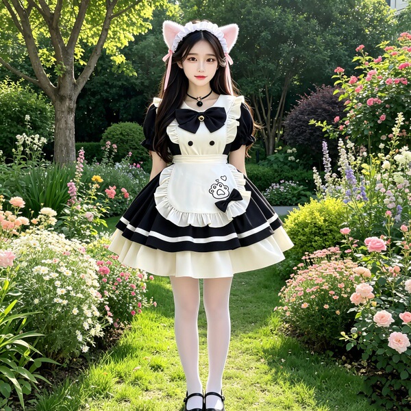 Adorable Bow Cosplay Dress - Student Maid Outfit & Lolita Style Daily Dress for Girls - Black OP skirt + free bow + free apron + free headpiece