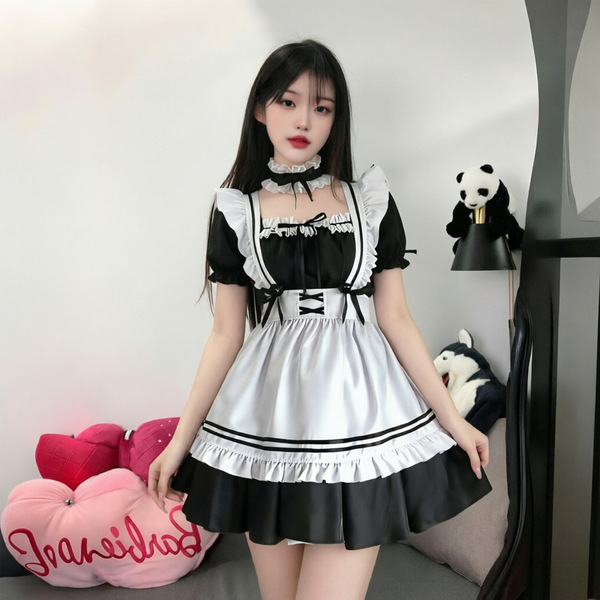 Yimenglan Maid Costume Dress - Japanese Kawaii Cosplay Lolita Outfit for Women, Plus Size Summer Sleepwear - Set + Black Open Crotch