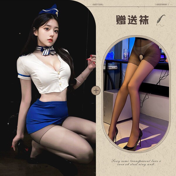Manny Night Pure & Tempting Air Hostess Costume Set - Sexy Role Play Outfit for Women - Image color + black crotchless