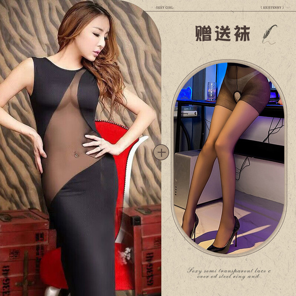 Manny Night Sexy Sheer Dress for Women – Bodycon Mesh Backless Club Dress, Pure & Tempting Lingerie Set - Black + open crotch socks