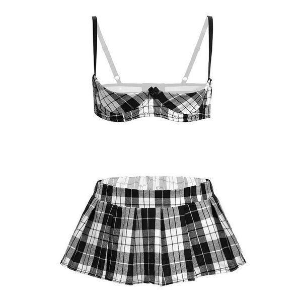Qingran Sexy Lingerie Set with Underwire - Plaid Schoolgirl Mini Skirt Outfit,Europe and America-Style Temptation Ensemb - Picture set (excluding nipple covers) + black open-crotch socks