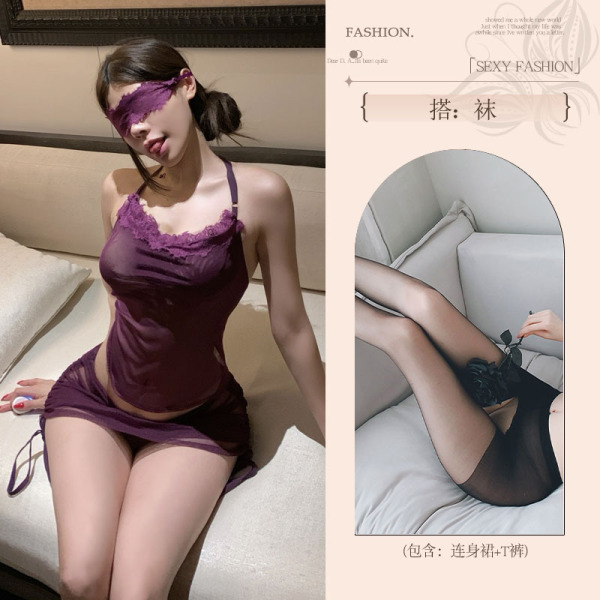 Pure & Tempting Lingerie Set - Modest Yet Sexy Bodysuit Skirt Sleepwear for Women - Purple suit + black open-crotch stockings
