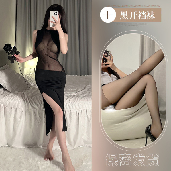 Sexy Lace Sheer Bodycon Dress for Women – Provocative Nightclub Party Dress, Tight Fit & Alluring Mesh Long Dress - Suit + Black Open Crotch Socks