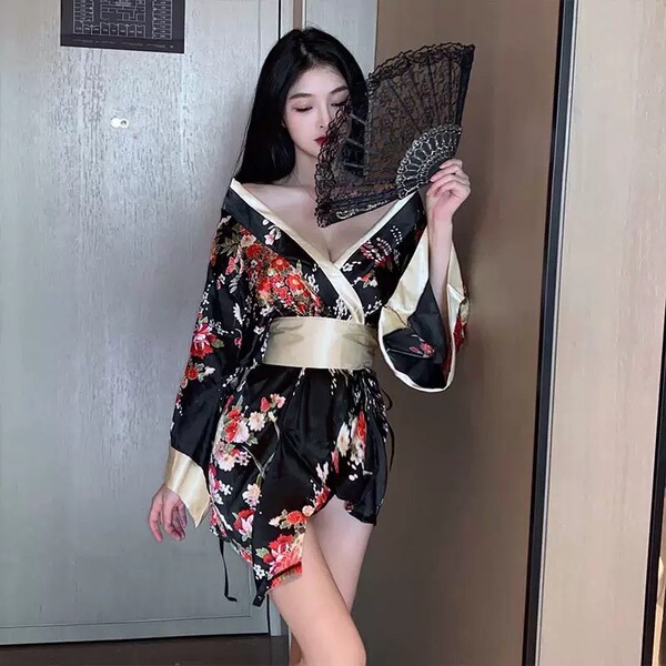 Japanese Kimono Lingerie for Women – Sexy Butterfly Print Yoko Dance Costume, No-Remove Seductive Uniform - Black [outer robe + belt + T-shirt]