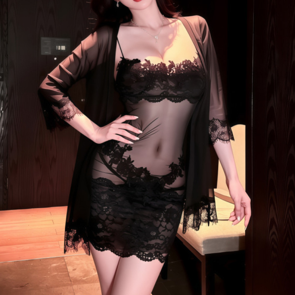 French Lace Sexy Lingerie Set - Pure & Tempting Sheer Slip Dress with Bodycon Fit for Women - Black + Black Robe + Black Over-the-Knee Socks