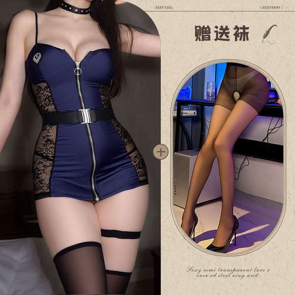 Manny Night Cosplay Police Uniform Lingerie Set - Sexy Lace Bodysuit with Cut-Out Design, Role Play Outfit - Bodycon skirt + black open-crotch stockings