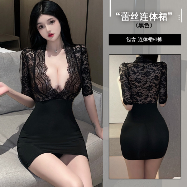 Pure & Tempting Women's Deep V-Neck Sheer Secretary Outfit - Sexy Plus Size Bodycon Dress - Black pencil skirt