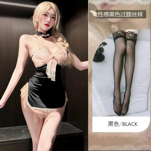Drunk on Wind Plus Size Lingerie for Women – Seductive Lace Cheongsam Style Open-Crotch Dress with High Slit & Sensual D - 0958 Black and pink + black stockings