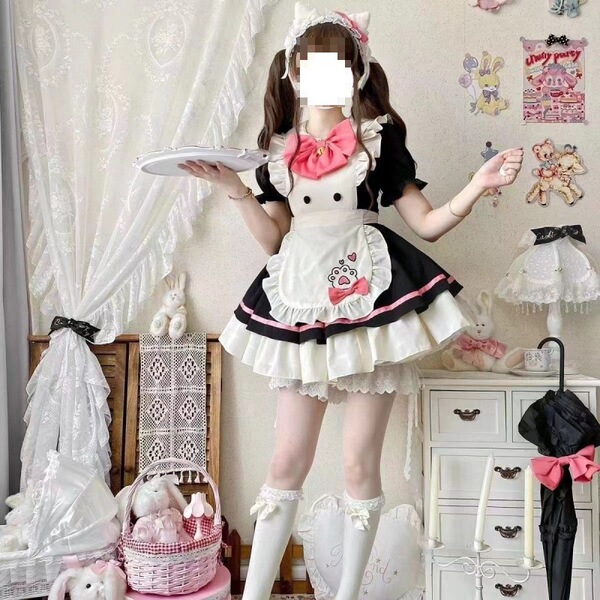 Maid Costume Cosplay Dress - Cute Student Lolita Outfit for Women, Plus Size Anime Dress with Petticoat Set - Black and pink OP (includes apron and bow) + white stockings