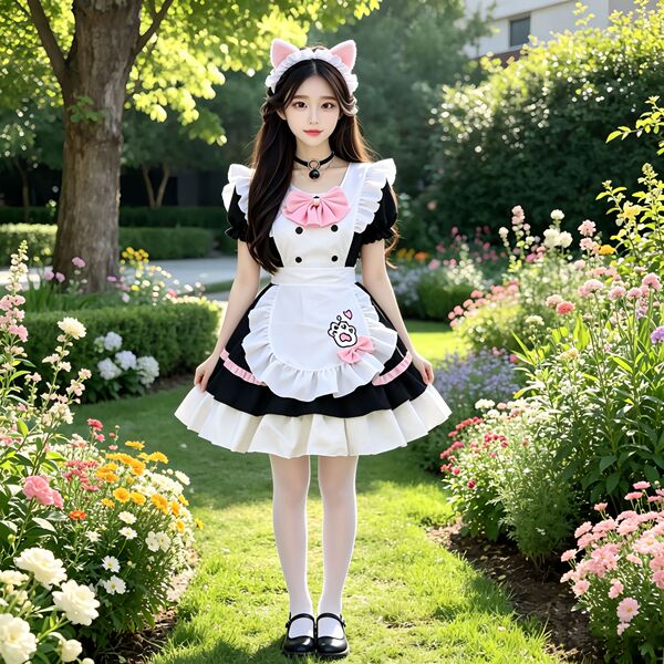 Adorable Bow Cosplay Dress - Student Maid Outfit & Lolita Style Daily Dress for Girls - Black and pink OP skirt + free bow + free apron + free headpiece