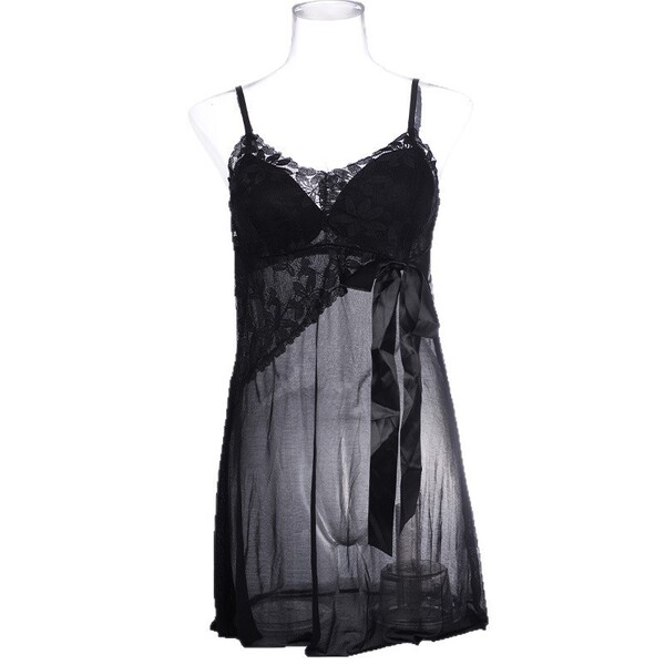 Sexy Lace Bodysuit with Padded Cups - Sheer Modest-Looking Erotic Sleep Dress for Women - Black (for privacy protection)