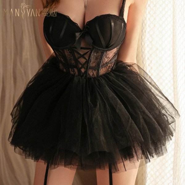 Mannyan Dark Angel Corset Set for Women – Sexy Lace Mesh Bodysuit with Boning & Strapless Bra Top - 6921183324209-8709 Tutu Skirt [Black]