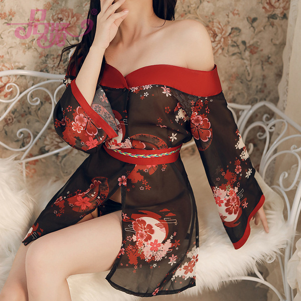 PinXian Sexy Off-Shoulder Kimono Sheer Open Cardigan Set - Japanese-Inspired Lingerie Outfit - Black and red [off-shoulder dress + thong + bow belt] + stockings