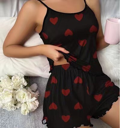QQNY Pure Temptation Lingerie Set for Women – Sexy European and American Cross-Border Sleepwear & Intimate Outfit - Black and red big heart
