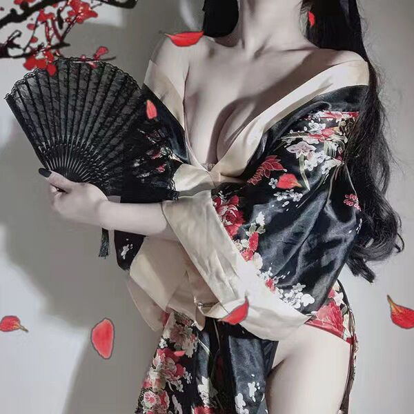 Japanese-Style Sexy Sleepwear Set for Women – Kimono-Inspired Nightgown & Robe with Wrap Design - Black and red Japanese kimono (socks not included)