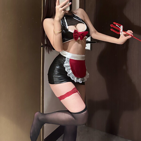 Gorgeous Cloud Lingerie Set - Seductive Maid Costume Sleepwear, No-Remove Sexy Uniform for Women - 4385 Black + Red