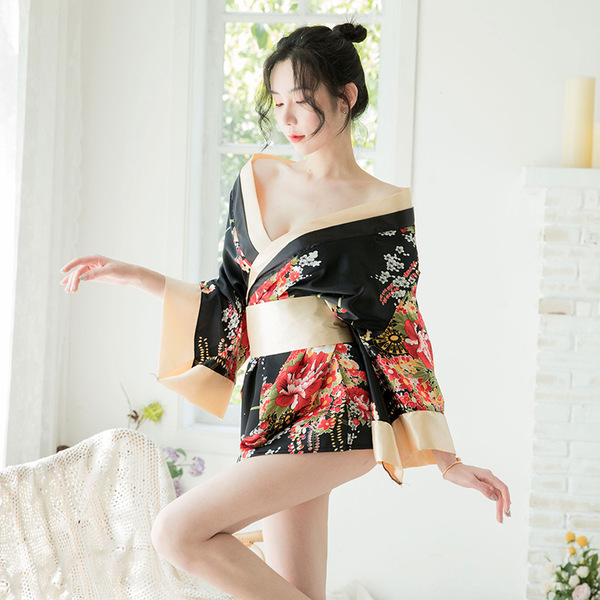 YeYu Sexy Lingerie for Women – Deep V Tie-Waist Corset with Floral Chiffon Kimono Costume for Role Play - Black and red kimono + obi (belt) + underwear + open-crotch bodysuit