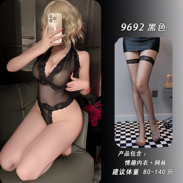 Feiniao Moonbird Sheer Lace Bodysuit - Seductive Mesh Bodycon Erotic Lingerie Set 9692 - Black + matching fishnet stockings