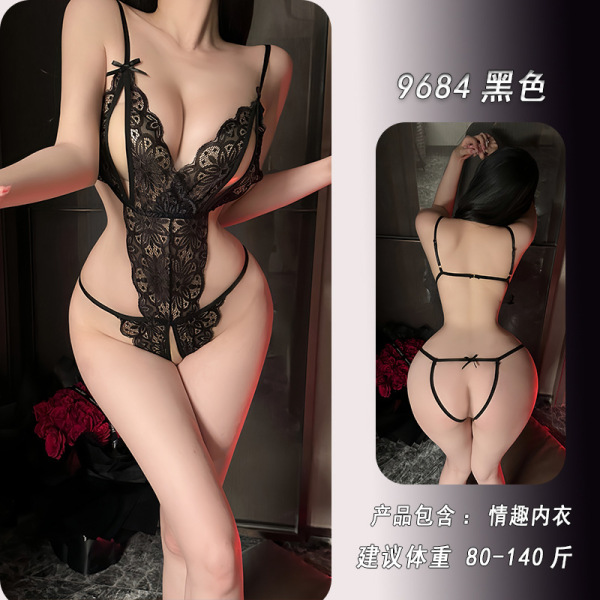 Night-Silk Sensual Open-Crotch Lace Bodysuit - Sheer Pure-Delight Sleep Dress Set for Women - Black + matching fishnet stockings
