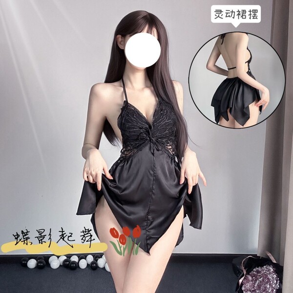 Vintage Bow Lace Sleep Dress with Built-in Pads - Deep V-Neck Backless Satin Nightgown for Women - Black (satin finish with breast pads)