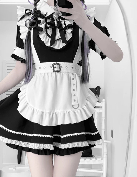 Japanese Style Lolita Dress - Sweet & Edgy Black White Maid Cosplay Costume, Aesthetic Subculture Outfit - Black short-sleeved maid outfit