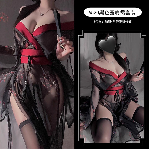 Hua Qing Hai Japanese-Style Lingerie Kimono Set - Black Floral Print Seductive No-Remove Outfit for Women - Black off-shoulder suit