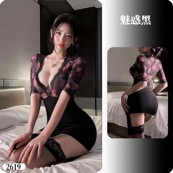 YueDie Seductive Lingerie Set - OL Style Pure & Tempting Bodycon Dress with Lace Stockings - 2619 Black tulle floral pattern ◆ Deep V-neck allure ◆ [Bodycon skirt item]