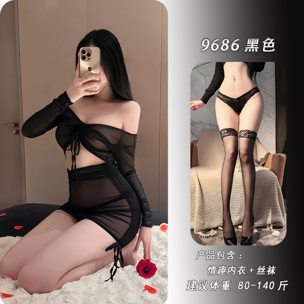 Night Silk Sensual Sheer Bodycon Dress - Sexy Lingerie Set with Seductive Nightwear Style - Black + matching stockings