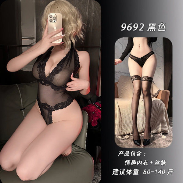 NightSigh NightSere Sexy Transparent Lace Bodysuit -Europe and America-Inspired Erotic Outfit for Women - Black + matching stockings