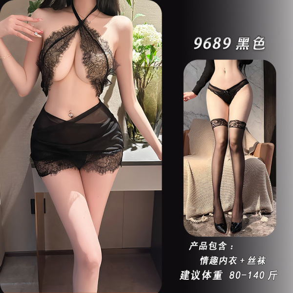 Night Silk Sensual Lace Bodycon Mini Dress - Sheer Mesh Pure Temptation Slip Dress - Black + matching stockings