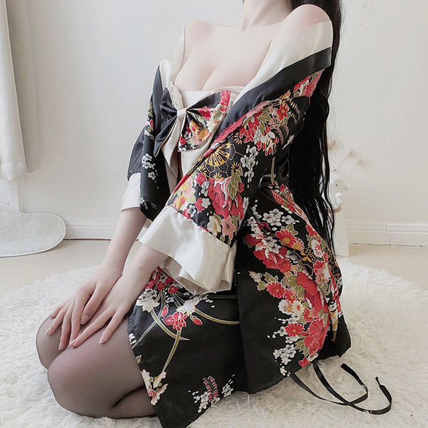 Japanese Kimono Lingerie Set - Sexy Cute Role Play Costume for Women, Seductive Uniform Outfit - Black + stockings