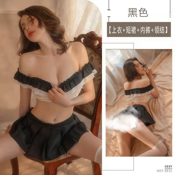 Sexy Student Uniform Lingerie Set - JK Style Pleated Skirt & Off-Shoulder Crop Top, Pure-Yet-Seductive Outfit for Women - Black (top + skirt + thong + tie)