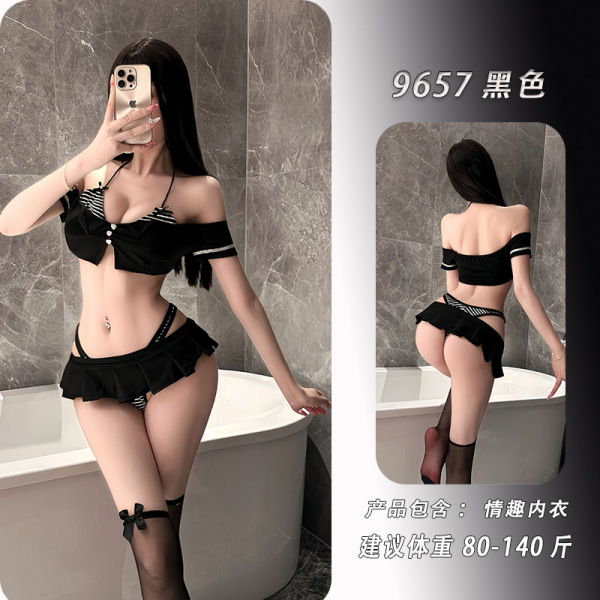 NightSiSexy Lingerie Set – Pure & Tempting Crop Top & Mini Pleated Skirt Outfit, Seductive Uniform Style - Black [top + skirt + underwear]