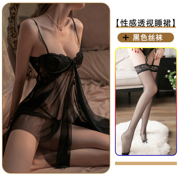 Sexy Sleepwear Set for Women – Sheer Split Chemise & Matching Lingerie Outfit, Provocative Uniform-Inspired Nightwear - Black nightgown + black stockings