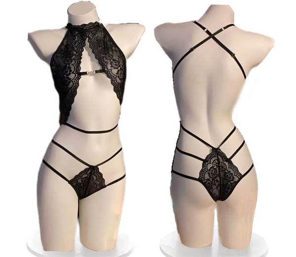 Sexy Nightclub Halter Backless Lace Bodysuit - Seductive Sheer Lingerie Set for Women - Black (socks not included)