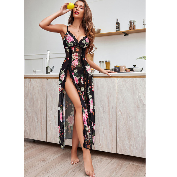 Lace Trim Strap Nightgown - Sexy Sheer Split Front Sleepwear with Floral Print,Europe and America-Inspired Erotic Linger - Black stock available